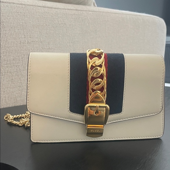 White Calfskin Leather Web Super Mini Sylvie Chain Shoulder Bag w/ Box - Picture 2 of 3